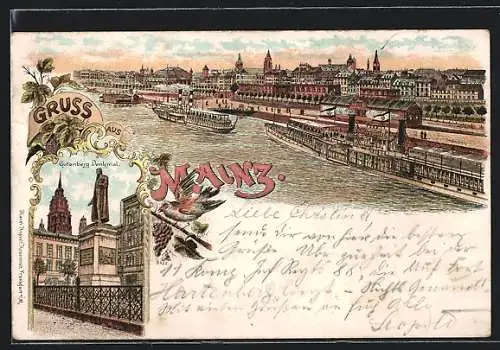 Lithographie Mainz, Gutenberg-Denkmal, Stadtpanorama, Dampfer