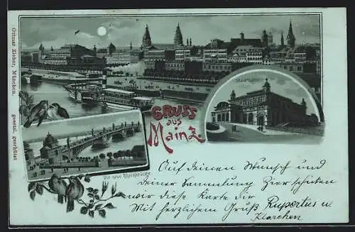 Lithographie Mainz, Stadthalle und neue Rheinbrücke