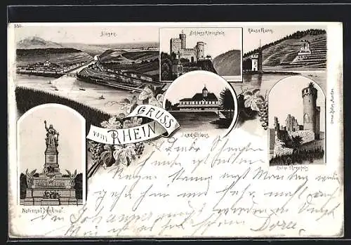 Lithographie Bingen / Rhein, Nationaldenkmal, Ruine Ehrenfels, Jagdschloss