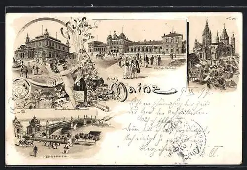 Lithographie Mainz, Stadthalle, Strassenbrücke, Dom, Central-Bahnhof