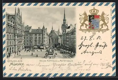 Präge-AK München, Neues Rathhaus und Mariensäule mit Wappen