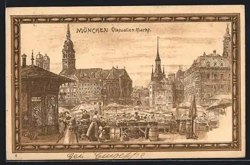 Lithographie München, Viktualienmarkt mit Ständen