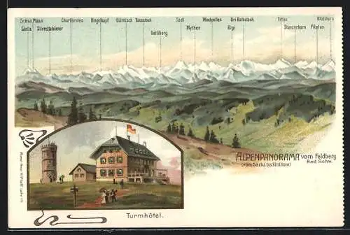 Lithographie Feldberg / Schwarzwald, Turmhotel, Alpenpanorama