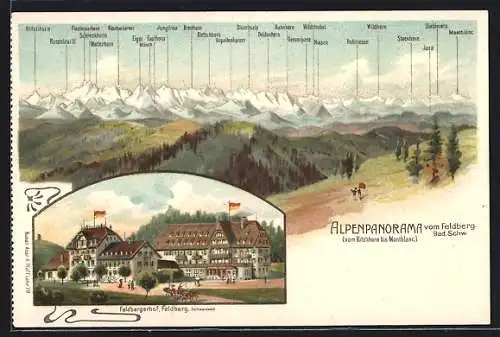 Lithographie Feldberg /Schwarzw., Bergpanorama mit Gipfelnamen, Gasthaus Feldbergerhof