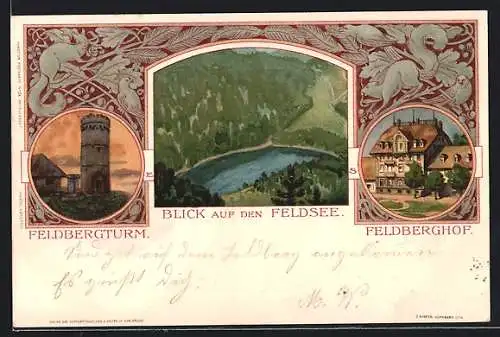 Lithographie Feldberg / Schwarzwald, Blick auf den Feldsee, Feldberghof, Feldbergerturm