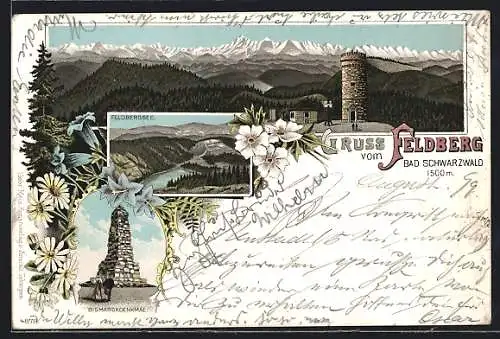 Lithographie Feldberg /Bad. Schwarzwald, Bismarck-Denkmal, Feldberg-See und Turm