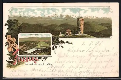 Lithographie Feldberg /Bad. Schwarzwald, Aussichtsturm und Feldbergsee