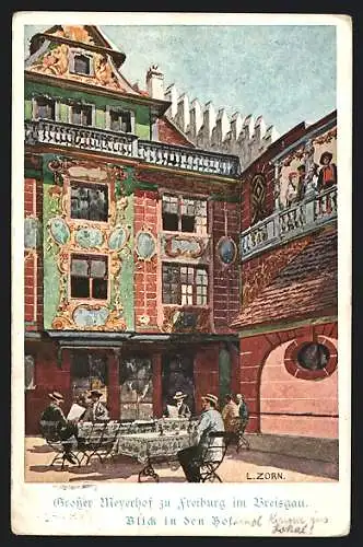 Künstler-AK Freiburg im Breisgau, Gasthaus Grosser Meyerhof, im Hof