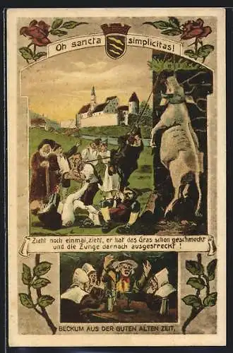 AK Beckum / Westf., Bürger ziehen eine Kuh in die Höhe, Beckum aus der guten alten Zeit