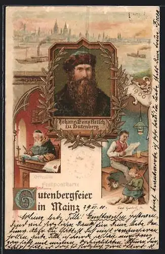 Lithographie Mainz, Johann Gensfleisch zu Gutenberg, Portrait, Vater liest Zeitung in der Küche um 1900