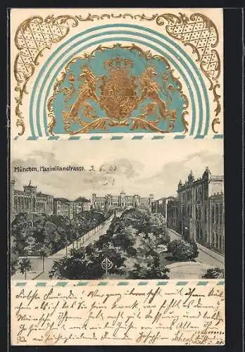 Präge-AK München, Maximilianstrasse aus der Vogelschau, Wappen von Löwen flankiert