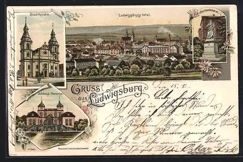 Lithographie Ludwigsburg / Württ., Stadtkirche, Schloss Favorite, Schillerdenkmal