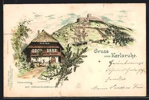 Lithographie Karlsruhe, Lauterberg mit Schwarzwaldhaus und Festung