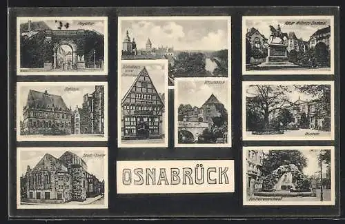 AK Osnabrück, Giebelhaus in der Bierstrasse, Stadt-Theater, Museum, Kaiser Wilhelm-Denkmal