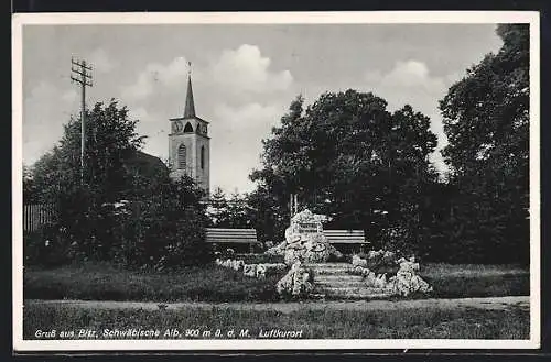 AK Bitz / Württ., Teilansicht mit Kirchturm und Denkmal der Luther-Eiche