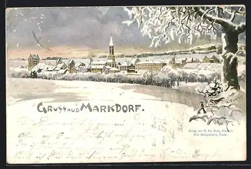 Künstler-AK Markdorf, Ortsansicht mit Kirche am Wasser, Wintermotiv