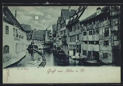 Mondschein-AK Ulm a. D., Partie an der Blau