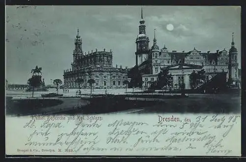 Mondschein-AK Dresden, Kathol. Hofkirche und Kgl. Schloss
