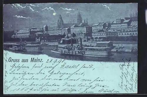 Mondschein-AK Mainz, Dampfer an der Anlegestelle