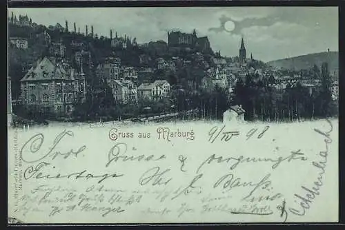 Mondschein-AK Marburg, Ortsansicht mit Blick zum Schloss