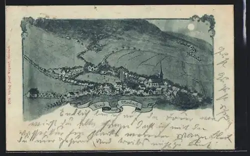 Mondschein-AK Morbach / Trier, Ortsansicht mit Kirche aus der Vogelschau