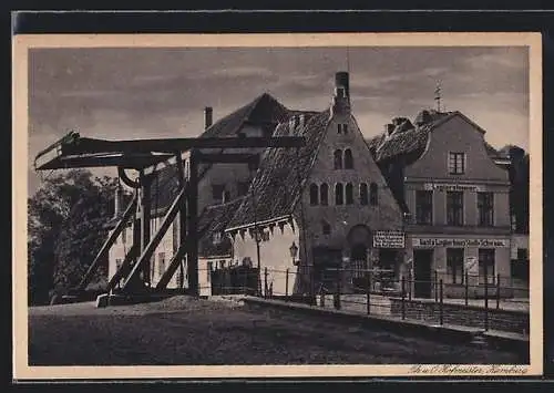 AK Rostock i. Meckl., Alte Hebebrücke am Hotel-Gasthaus Stadt Schwaan