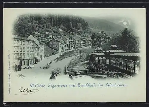 Mondschein-AK Bad Wildbad, Olgastrasse mit Gasthaus Trinkhalle