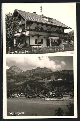 AK Bayrischzell, Pension Haus Alpenglühn, Gesamtansicht mit Bergpanorama
