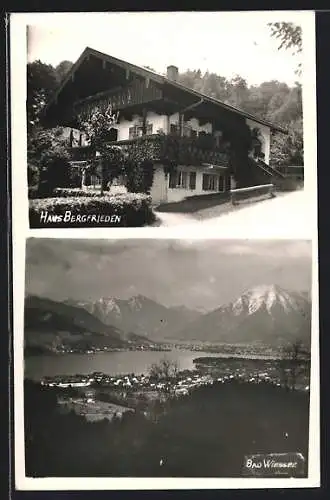 AK Bad Wiessee, Peension Haus Bergfrieden, Gesamtansicht mit See und Bergpanorama