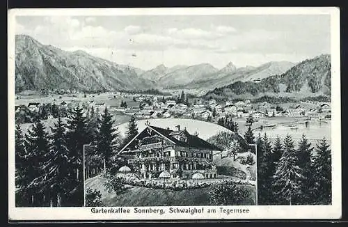 Künstler-AK sign. Hans Pernat: Schwaighof a. Tegernsee, Gartenkaffee Sonnberg, Gesamtansicht mit Bergpanorama