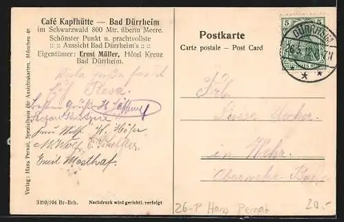 Künstler-AK sign. Hans Pernat: Bad Dürrheim, Cafe Kapfhütte E. Müller mit Ortsblick und Bergen aus der Vogelschau