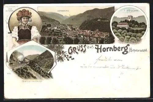 Lithographie Hornberg / Schwarzwald, Gremmelsbachtunnel, Schloss-Hotel, Volkstracht von Gutach