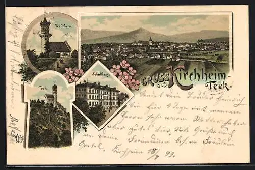 Lithographie Kirchheim /Teck, Teckturm, Schulhaus, Gesamtansicht