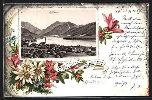 Passepartout-Lithographie Schliersee, Ortsansicht mit Bergblick, Bergblumen
