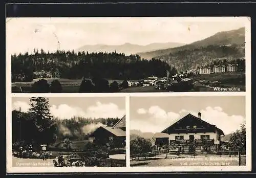 AK Wörnsmühle, Postautohaltestelle, Gemischtwaren-u. Räderhandlung J. Gschwendtner, Ortsansicht