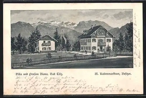 Künstler-AK Bad Tölz, Hotel Villa Diana M. Kaltenmarktner mit Bergpanorama