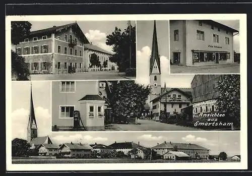 AK Emertsham, Geschäft P. Kollenheuser, Strassenpartie mit Tankstelle und Kircghe, Panorama des Ortes