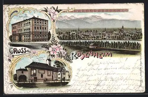 Lithographie Rosenheim, Kgl. Realschule, Loretto-Kapelle, Totalansicht