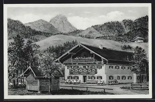 AK Bad Feilnbach - Grossau, Gasthof Millauer mit Strasse, Garten und Bergpanorama