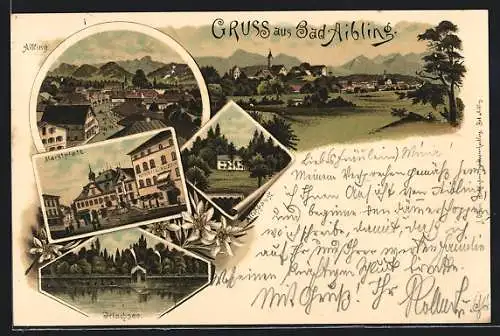 Lithographie Bad Aibling, Marktplatz mit Kurhotel, Milchhäusl, Irlachsee