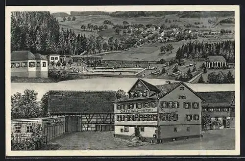 Künstler-AK sign. Hans Pernat: Wart /Kr. Nagold, Gasthaus und Pension zum Hirsch, Schwimmbad, Ortsansicht