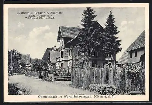 AK Obermusbach /Schwarzwald, Gasthaus-Pension zum Auerhahn G. Frey mit Strasse