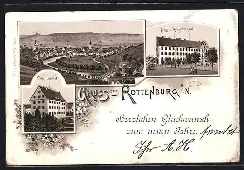 Vorläufer-Lithographie Rottenburg a. N., 1895, Töchter-Institut, Palais u. Kriegerdenkmal, Gesamtansicht, Neujahrsgruss