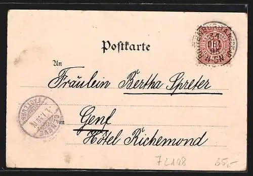 Vorläufer-Lithographie Rottenburg a. N., 1895, Töchter-Institut, Palais u. Kriegerdenkmal, Gesamtansicht, Neujahrsgruss