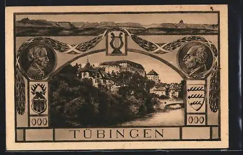 Passepartout-AK Tübingen, Portraits Silcher und Uhland, Wappen, Ortsansicht