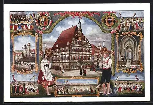 Künstler-AK Markgröningen, Bilder vom Schäferlauf, Wappen, Trachtenpaar