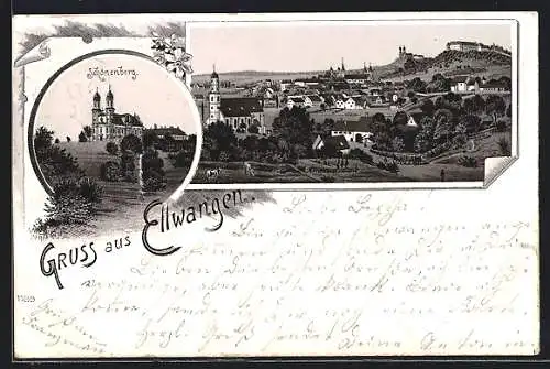 Lithographie Ellwangen, Schönenberg, Ortsansicht aus der Vogelschau