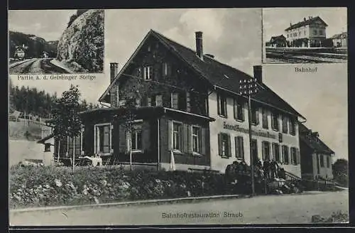 AK Amstetten, Bahnhof und Bahnhofrestaurant Straub, Partie a. d. Geislinger Steige