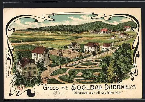 Lithographie Dürrheim, Strasse zur Hirschhalde aus der Vogelschau