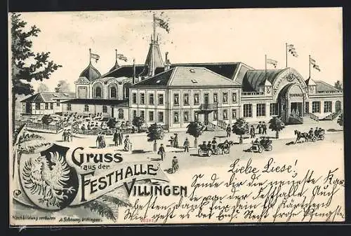 Lithographie Villingen / Baden, Festhalle, Garten, Wappen